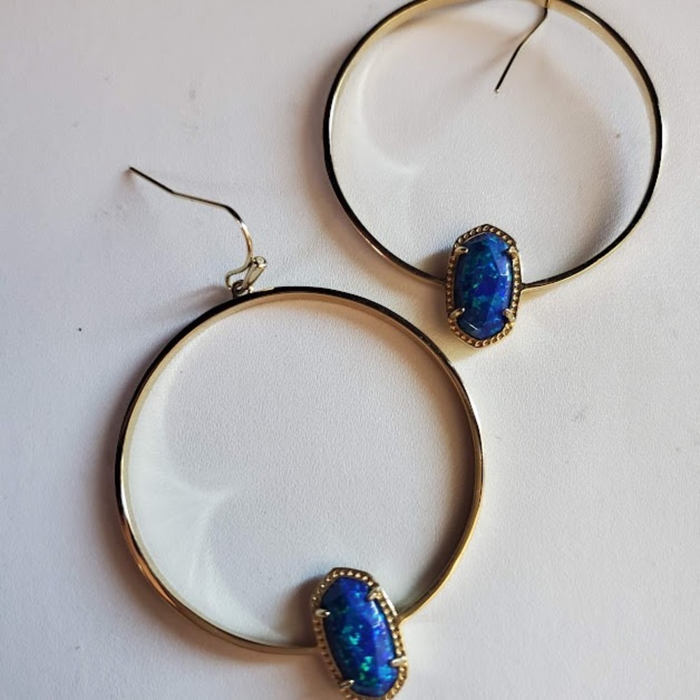 Kendra Scott Elora Hoop Earrings Gold Blue Kyocera Opal Dangle Statement Gift